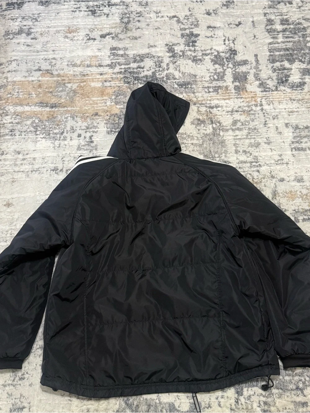 adidas Black Hooded Kids Rain Jacket with White Stripes